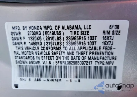 2008 Honda Odyssey Lx from USA, damaged, VIN 5FNRL38298B097217